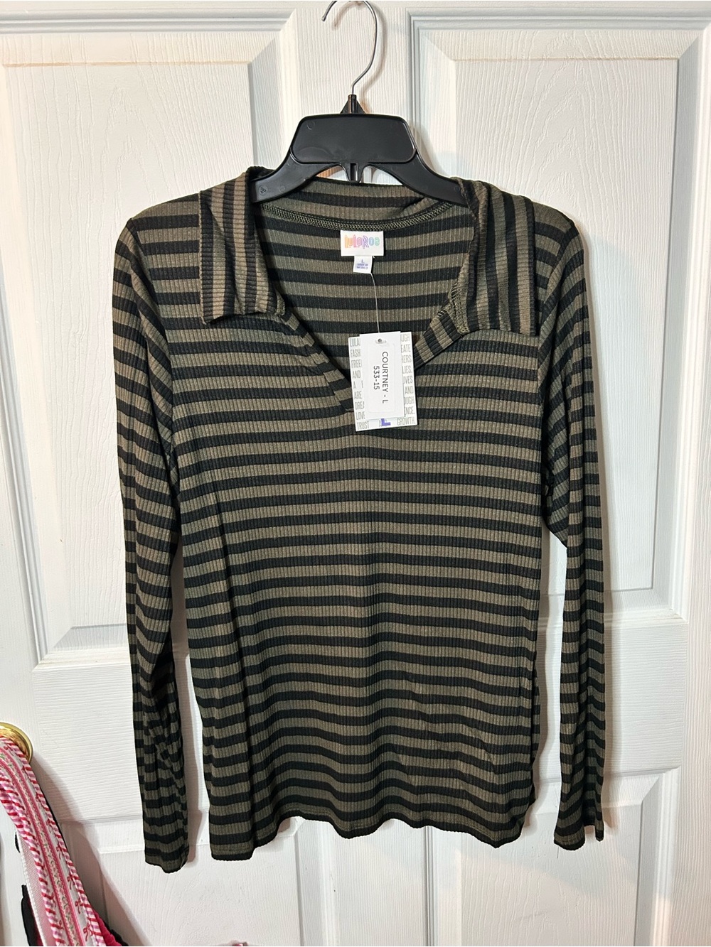 LuLaRoe Olive Green & Black Striped Long-Sleeve Polo Top